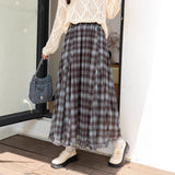 New Autumn Lattice Splicing Large Swing Net Yarn Half-Dress Classic High-Rise Thin A-Word Long Skirt Woman