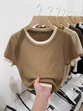 2025 Summer Korean Version Of Knitted Shirt Short Sleeve New Round Collar Bumpy Color Slim Top Women's Style Bottom Shirt