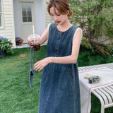 Korean Chic Lace Splicing Sleeveless Dress 2026 Summer Thin Temperament Fashion Retro Denim Dress Dress