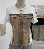 Unique Splicing Denim T-Shirt Girl Summer New Design Sense Short Fake Two-Piece Top Tide 8925