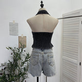 Hanging Neck V-Neck Single Buckle Denim Vest Repair Behind The Back Tight To Take A Short Sleeveless Top Lady 830