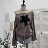Wasteland Breeze Hot Girl Make Old Hole Star Long-Sleeved Top T-Shirt Loose Drawstring Tethered T-Shirt 6140
