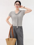 Grey Ribbon Strap Ice Silk Short-Sleeved Knitted Shirt Summer 2025 New Body-Cuff Hollow Shirt Solid Color Top