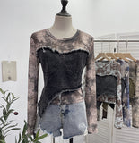 Solid Shooting Tie-Dye Print Spliced Denim T-Shirt Girl Autumn Design Sense Irregular Hair Side Short-Sleeved Top 2617