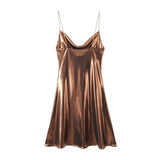 Spring 2025 New Fashion Temperament Low-Collar Bare Back Metallic Sling Dress Woman