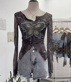 Real Shooting Pure Sexful V-Neck Umbilly T-Shirt Female Hairy Denim Butterfly Embroidered Mesh Yarn Long Sleeve Top 9996