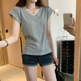 European Goods Explosion Niche Shoulder V-Neck White Short-Sleeved T-Shirt Women 2025 Summer New Super-Looking High-End Feel Blouse
