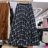 Autumn New Lattice Splicing Large Swing Net Yarn Half-Dress Classic High-Rise Slim A-Character Long Skirt Woman
