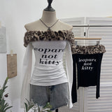 Real Shooting Removable Leopard-Print Hair Collar Shoulder Long-Sleeved T-Shirt Hottie Slim Print Shoulder Thin Velvet Top 1377