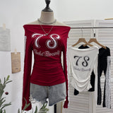 Spice Girl Sports Wind One-Word Shoulder Printed Lace Long Sleeve T-Shirt 1291
