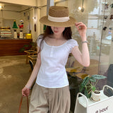 French Temperament Sesame Bubble Sleeves To Repair Short-Sleeved T-Shirt Women 2025 Summer New Beautiful Single Wear Small Top