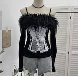 Two-Word Shoulder Hair Spliced Sling With Long-Sleeved Grinding T-Shirt T-Shirt Print Hollow Top 1367
