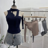Real Shooting Hanging Neck Small Sling Vest Outside Wearing Brooch Knitting Elastic Shoulder Ribbon Hottie Top 1052