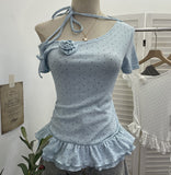 Real Shooting Pop Point Tie With Hanging Neck Slanted Shoulder Short Sleeve Blouse With Elastic Short T-Shirt Girl 2850