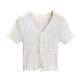 Wooden Ear Knitted Shirt V Tie With Collarbone Summer New High-Waisted Women Decorate Slim Short-Sleeved T-Shirt Tide