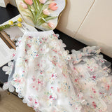 French Romantic Style Three-Dimensional Flower Mesh Splicing Half-Dress Woman Autumn High-Waist A Word Loose Big Swing Skirt