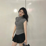 Thai-Style Solid-Colored Elastic Arc Waist-Side Vest T-Shirt Girl With Pure Desire To Ultra-Short-Sleeved Half-Necked Ants Waist T