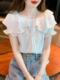 French Temperament Lotus Leaf Blouse Women 2026 Summer Design Chic Drawstring Shirt Niche Bubble Sleeve Chiffon Shirt