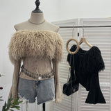 Sexy Wind Shoulder Hair Knitted Shirt Girl Short To Make Old Broken Long-Sleeved T-Shirt Top 2988