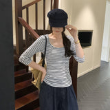 Lyselle Tiansi Small Design Striped Mid-Sleeved T-Shirt For Women's Summer Single Wear High-End Chic Chic Top