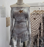 Vintage One-Word Shoulder Long-Sleeved T-Shirt Babes Net Embroidery Irregular Ribbon Dress 12901