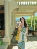 Seaside Dopamine Holiday Dress Blue Lemon Print Sling Dress Women Summer Beach Atmosphere Long Dress