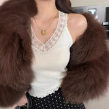 2026 Spring And Summer French Sweet Wind V-Neck Splicing Lace Repair With Sleeveless Knitted Vest Top