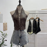 Real Shoot Babes Sexy Hollow Strap Hanging Neck Pu Sling Sling Vest Short-Carded Back Dress Woman 8120
