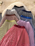 Striped Half-Dress Women 2026 New Tight Waist Hanging Long Skirt Wave Hem Swing 100 Folds Skirt