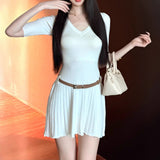 V Collar Half-Sleeved Knitted Dress Woman 2026 Summer Babes Slimmed Short Skirts Thin Waist A-Word Dress