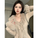 Thai Women's Slightly Fat MM Autumn And Winter New Atmosphere T-Shirt V-Neck Temperament Strapped Cardigan High-End Feel Inside The Top