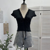 Pure-Wanted Lace Side Lace With Bow V-Neck Short-Sleeved T-Shirt T-Shirt T-Shirt Short-Sleeved Body Dress 6006