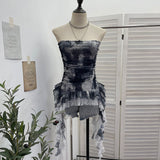 Dizzly Dyed Mesh Printing With Anti-Slip Striped Chest Vest Splicing Lace Irregular Ribbon Belt 7231