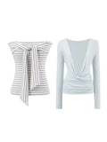 Korean Hottie Style Striped Bra Long Sleeve T-Shirt T-Shirt Girl Spring Huge Slim Slim Thin Two-Set Top