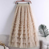 Lotus-Leaf Yarn Skirt Fairy Dress Girl 2025 Summer Slim Dress High-Waist A-Shaped Mesh Cake Skirt
