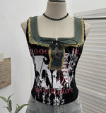 Real Shooting Hottie Hairy Denim Spliced Printed Vest With Bows Short Sleeveless Top 8926