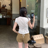 Yu Sister Lightly Familiar With The Beauty Of The Lace Side Deep V-Neck Short-Sleeved T-Shirt Girl Summer Han Sining Beautiful Wearing Belt With A Coat