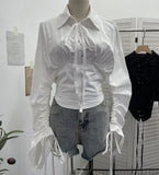 Dark Belted Long-Sleeved Shirt Women's Spring And Autumn Collar Rope Sleeves Contour Shaped Short Top 2775