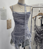 Real Shooting Round Neck Fluttering Dye Printing Irregular Lotus Leaf Side Mesh Slings Slings Sleeveless Top 1218