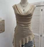 Real Shooting Waste Soil Wind Low Chest Collar Irregular Lotus Side Ribbon Vest Female Perspective Thin Sleeveless Top 9623