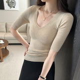 Style Of Temperament V Collar Body Sleeve Knitted Shirt Women's Unique Beauty In The Autumn To Hit The Bottom Of The Top