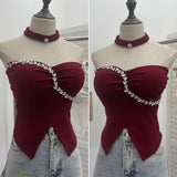 Thai-Style Hanging Neck Small Sling With Drill With Chest Pad Irregular Wearing Sleeveless Knitting Top 9211