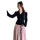 Lazy High-End Feeling Hanging Neck Long-Sleeved Knitted Shirt Autumn 2025 New Big Look Light French Lame Shoulder Coat