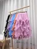 Sweet And Irregular Mesh Dress 2025 New High-Waist Long A-Word Pon Pomong Fairy Cake Skirt Half-Dressed Woman