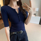 Unique Beautiful Half-Buckle Shoulder Sleeve T-Shirt 2025 New Slim Slim Five-Sleeve Top