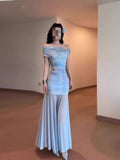 Blue Net Yarn A Word Shoulder Dress Women's Summer Seaside Holiday Pure Temperament To Dress Up With A Long Ass Fishtail