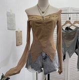 Real Shot One-Word Shoulder Rivet Splicing Dizzy Net Yarn Irregular Long-Sleeved Top Short Repair Hottie T-Shirt 1299