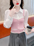 Fake Two Knitted Vest Sling Splicing Bubble Sleeves Simple Atmospheric French Design Sense Sweet Blouse Woman