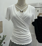 Real Shooting Cross-Design Hanging Neck Beads Folded Emptiness T-Shirts For Women's Sense Of Fake Two-Piece Top 27671