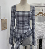 Real Shooting Collar Low-Breast Sexy Mesh Yarn Long-Sleeved Top Irregular Ribbon To Repair Hottie T-Shirt 8096
